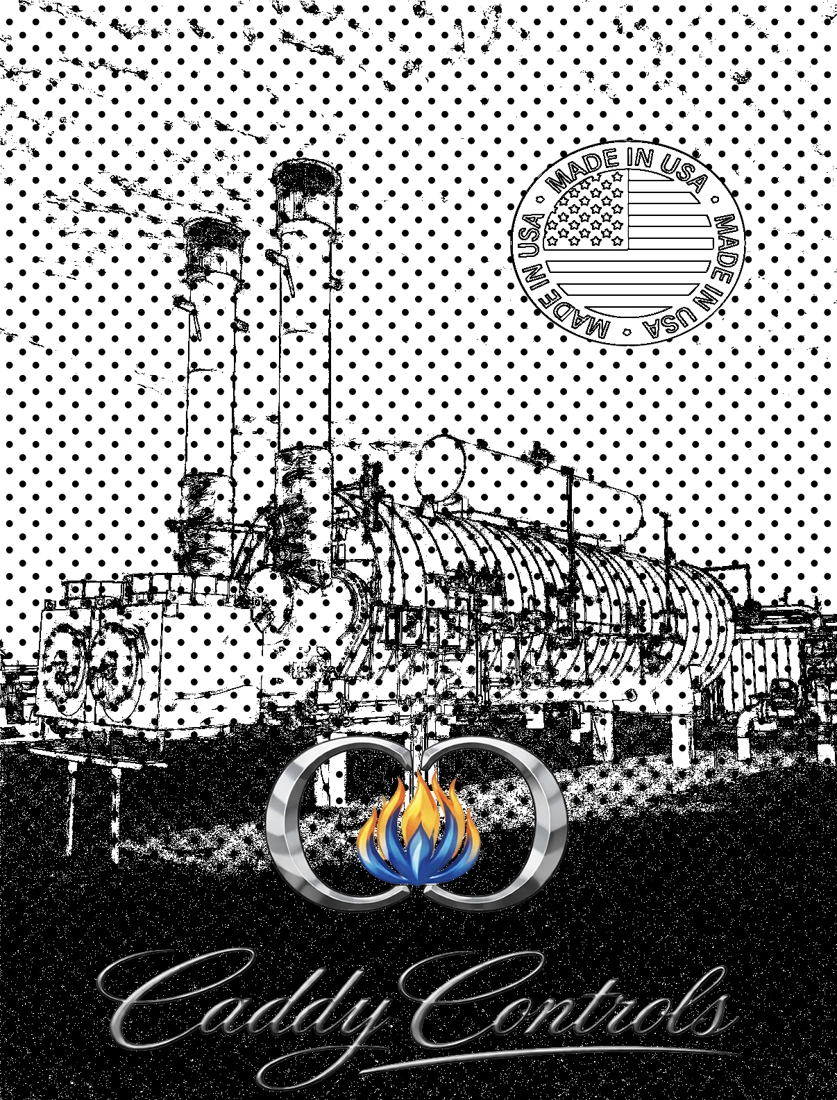 Caddy Controls artwork featuring a twin-stack natural gas line heater, a Made in USA emblem, and the chrome Caddy Controls flame logo