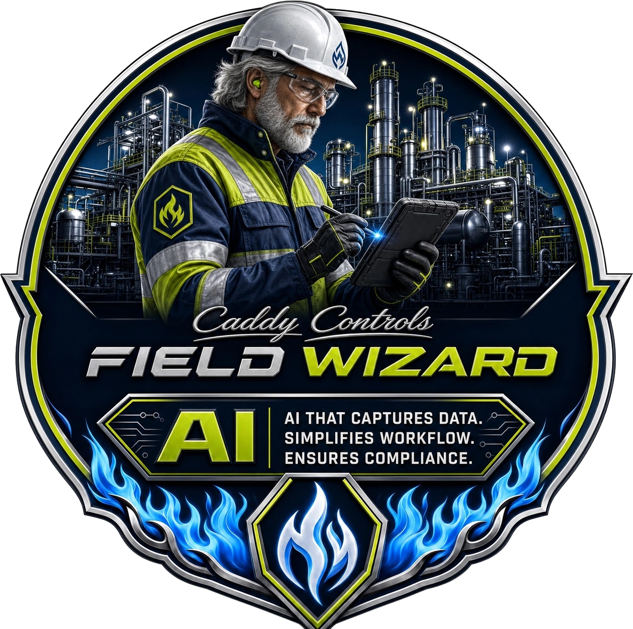 Caddy Controls Field Wizard badge featuring a technician with a tablet, natural gas process equipment, and blue flames