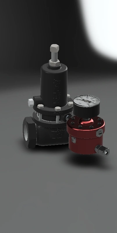 Product rendering of two mechanical components, including a pressure gauge assembly