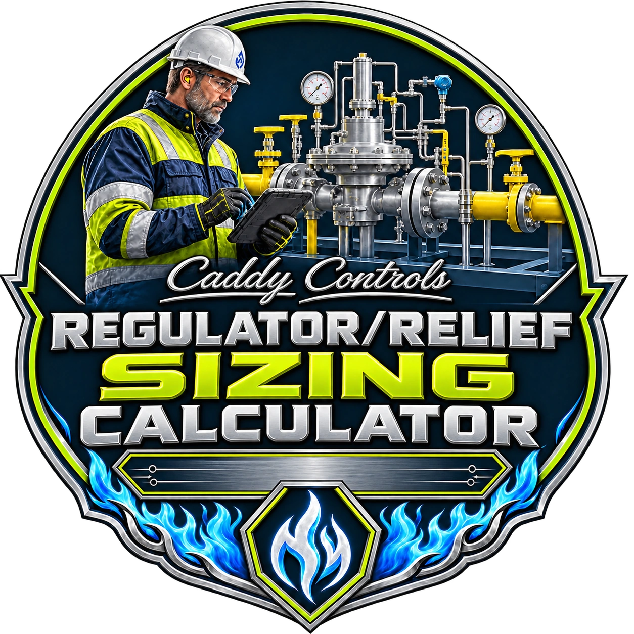 Caddy Controls Regulator/Relief Sizing Calculator badge, with a technician and illustrative pressure-regulation equipment