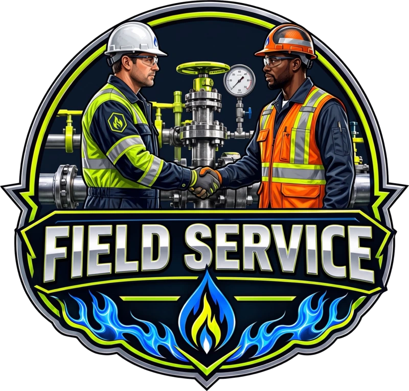 Field Service badge featuring two technicians shaking hands beside natural gas process equipment